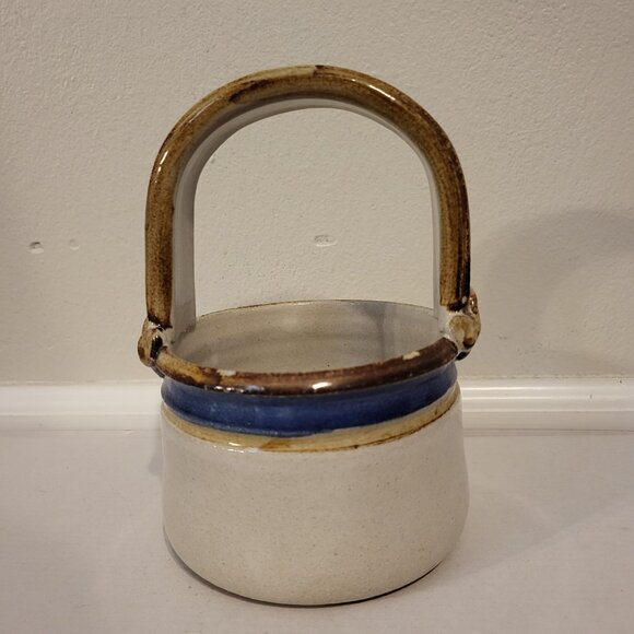 Vintage Hand Thrown Pottery Stoneware Blue Handle Basket Signed Paula Boho Artsy - Picture 1 of 6